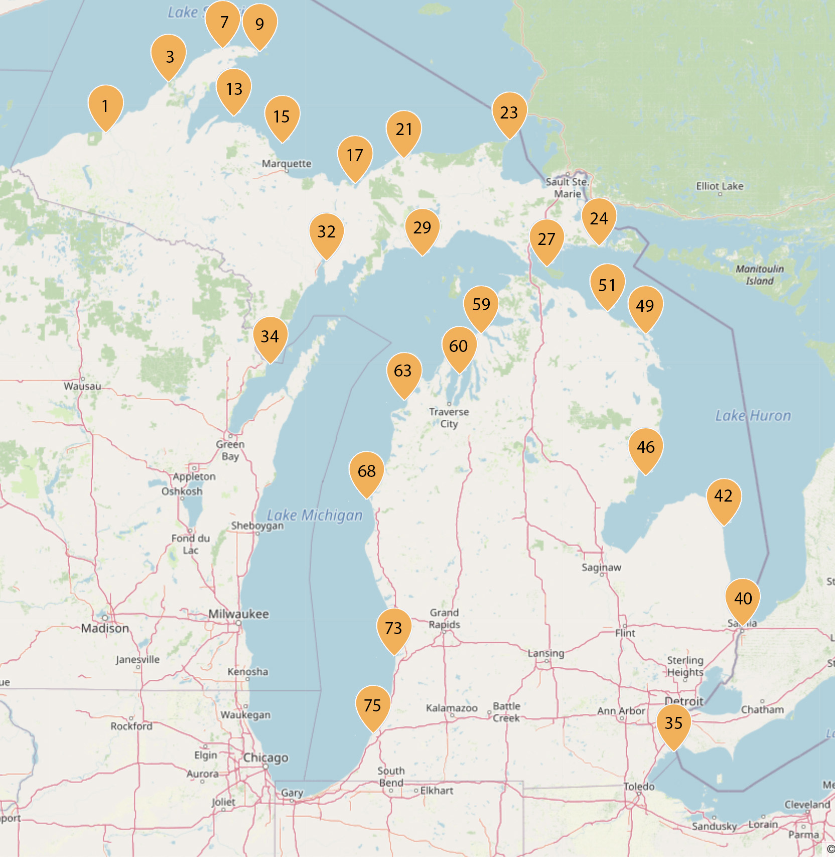 Michigan lighthouse map